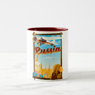 Russian Farm landscape cartoon travel poster Two-Tone Coffee Mug