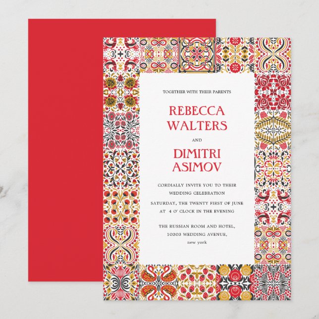 Russian Folk Art  Khokhloma Border  Wedding Invitation (Front/Back)