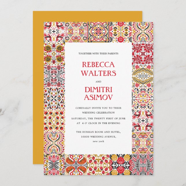 Russian Folk Art  Khokhloma Border  Wedding Invitation (Front/Back)