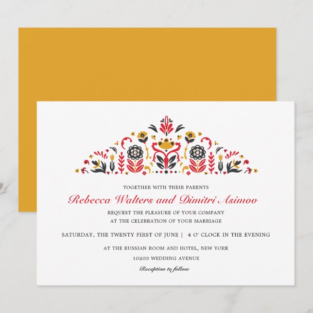 Russian  Folk Art  Khokhloma Flower Wedding Invitation (Front/Back)