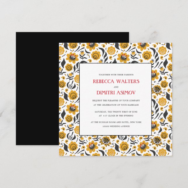 Russian  Folk Art Yellow Flowers Wedding Invitation (Front/Back)