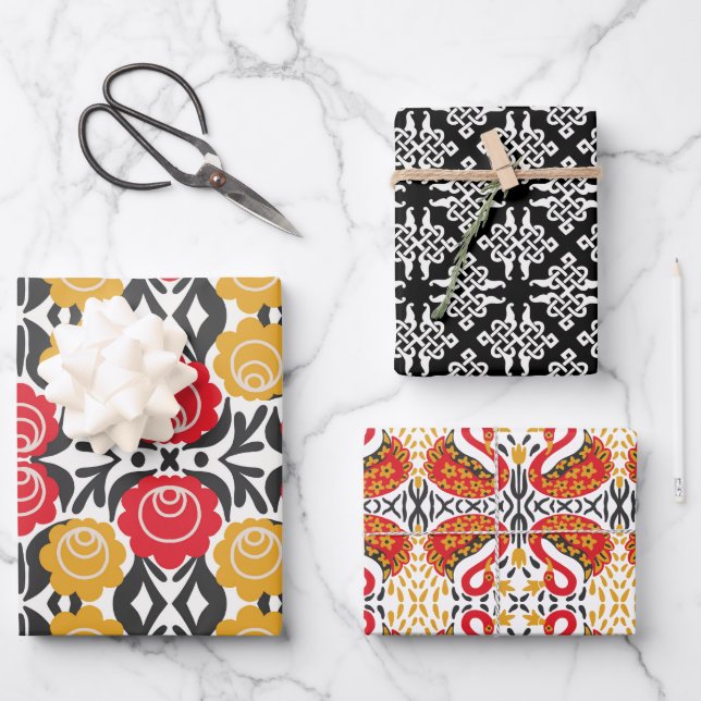 Russian Folk black red flowers and birds geometric Wrapping Paper Sheet (Front)