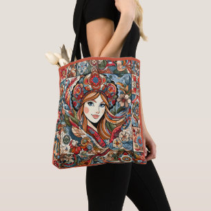 Russian Folklore Patchwork Bohemian Chic Red Blue Tote Bag