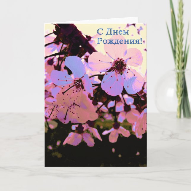 Russian Happy Birthday  card with Cherry Flowers (Front)