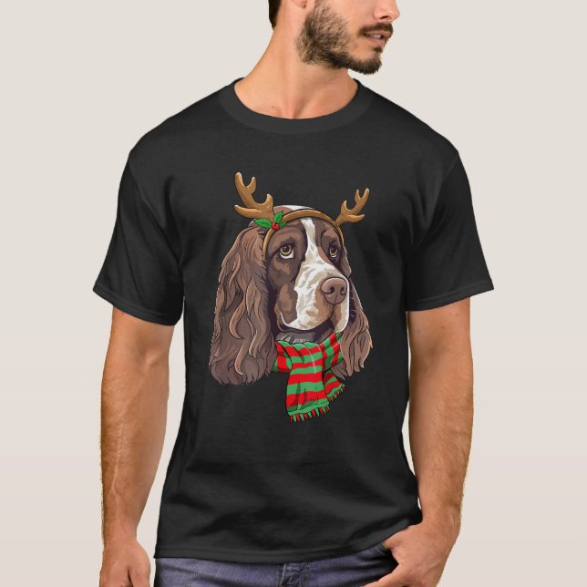 Russian Hunting Spaniel Dog Christmas Reindeer Hat T-Shirt (Front)