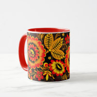 Russian Khokhloma Pattern Black Red Botanical