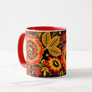 Russian Khokhloma Pattern Black Red Botanical Mug