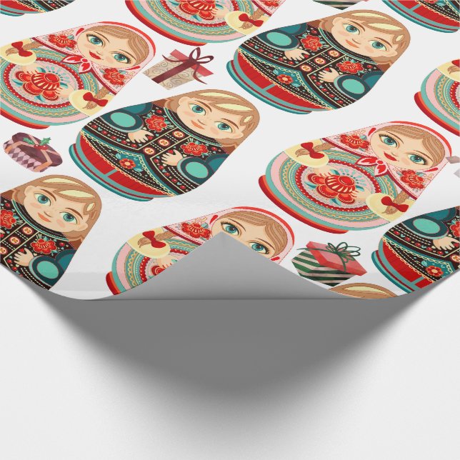 Russian Matryoshka Dolls Mr & Mrs pink navy & red Wrapping Paper (Corner)