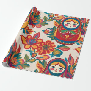 Russian Matryoshka Nesting Dolls Floral Decoupage Wrapping Paper