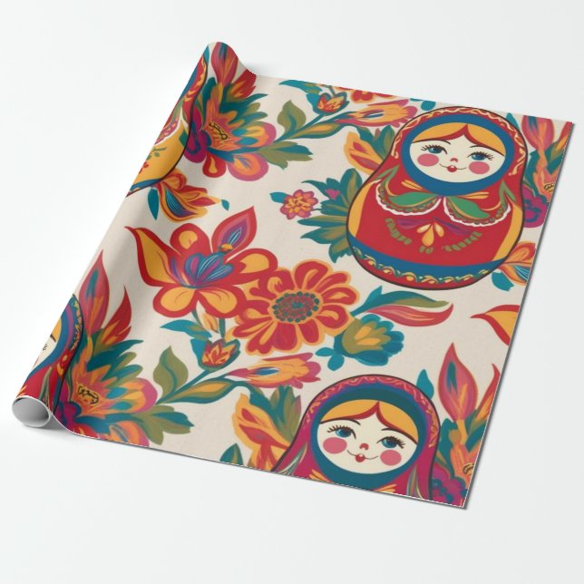 Russian Matryoshka Nesting Dolls Floral Decoupage Wrapping Paper (Unrolled)