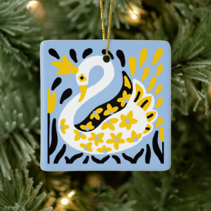 Russian Style Fairy Tale Royal Crowned Swan Ceramic Ornament