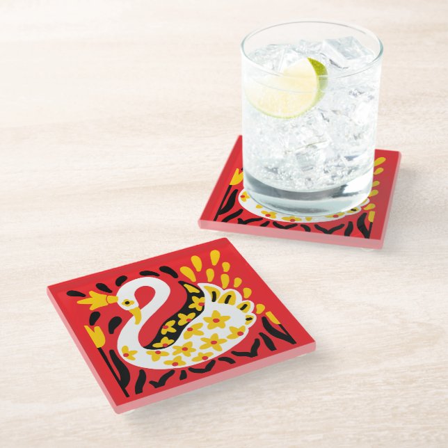 Russian Style Fairy Tale Royal Crowned Swan Glass Coaster (Angled)