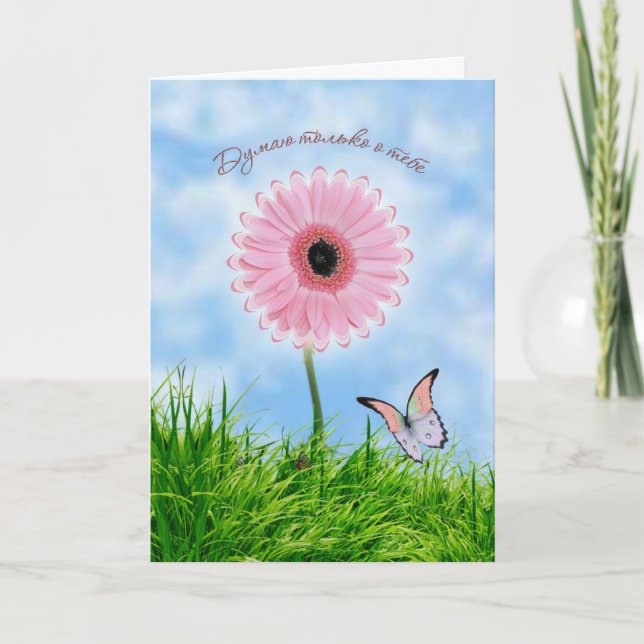 Russian Thinking of You Card. Pink daisy - gerbera Card (Front)