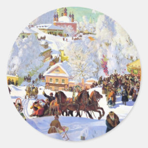 Russian Village in the Winter Classic Round Sticker