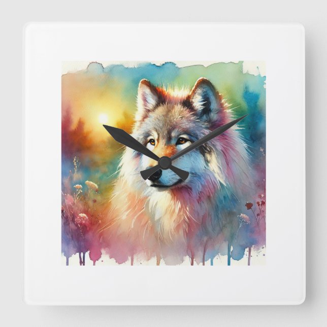 Russian Wolf 200924AREF121 - Watercolor Square Wall Clock (Front)