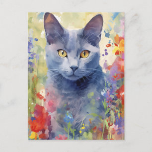 Russsian Blue Cat colourful flowers Postcard
