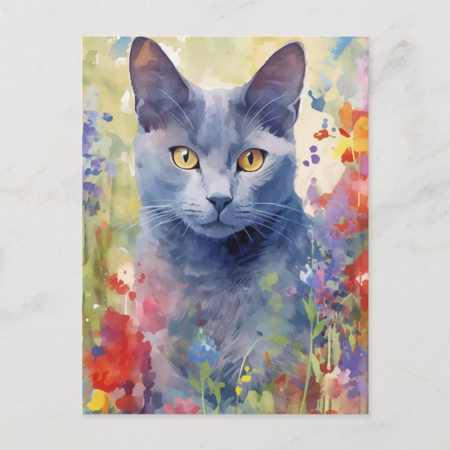 Russsian Blue Cat colourful flowers Postcard (Front)