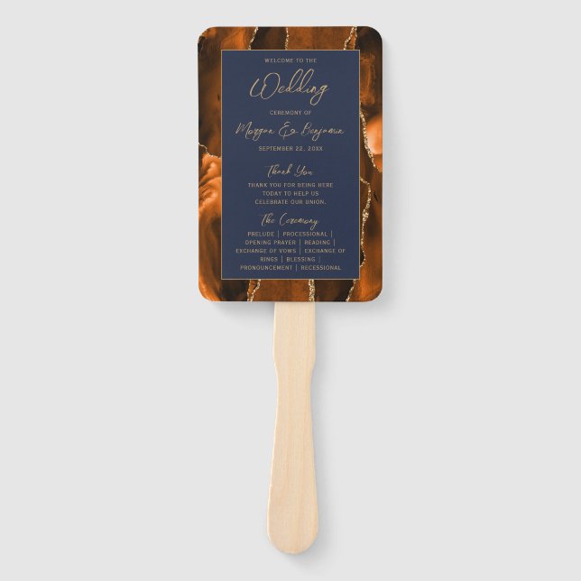 Rust Agate Navy Blue Gold Script Wedding Program Hand Fan (Front)