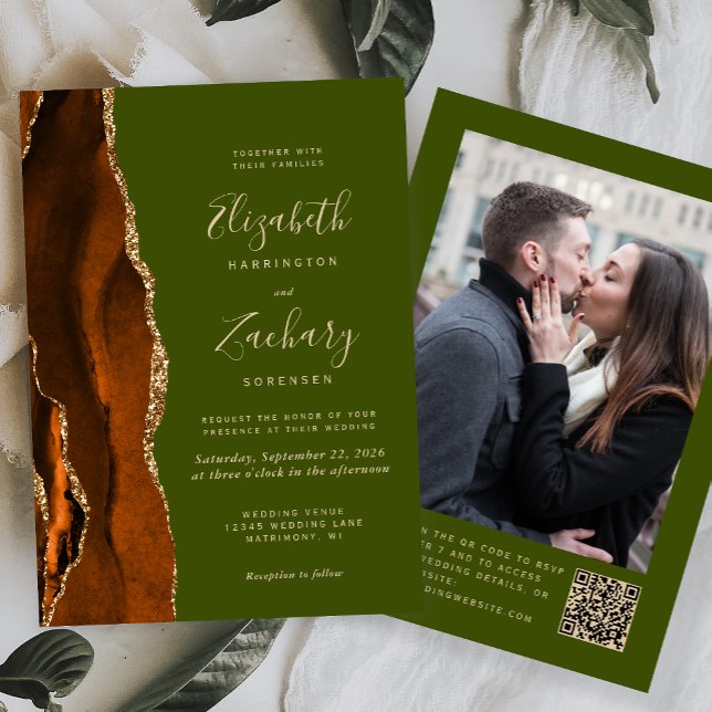 Rust Agate Olive Green Photo QR Code Wedding Invitation (Creator Uploaded)