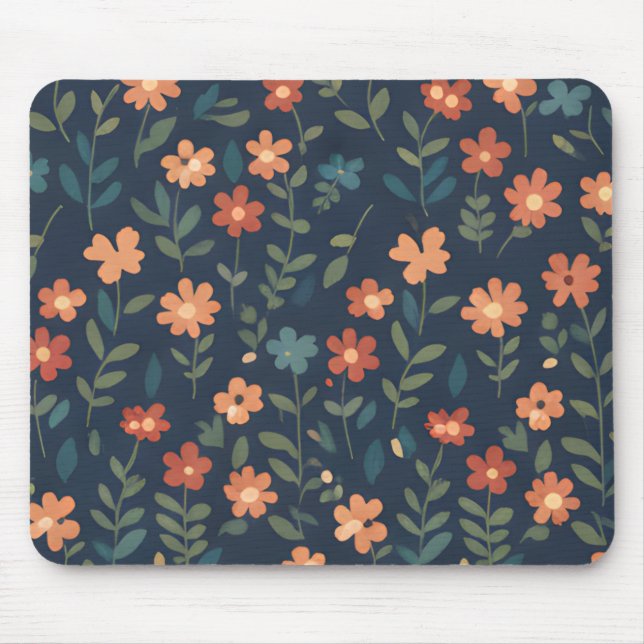 Rust and Coral Daisy Field on Navy Blue Mouse Mat (Front)