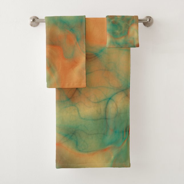 Rust and Sea Green Marble abstract Bath Towel Set (Insitu)