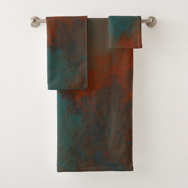Rust and Teal Marble abstract Bath Towel Set (Insitu)