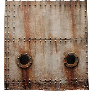 RUST AND TEXTURE ON METAL PLATE SIDES OF STAGED SH SHOWER CURTAIN
