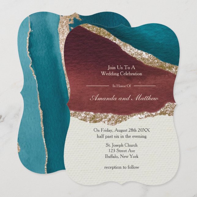 Rust and Turquoise Gold Agate Wedding Invitations  (Front/Back)