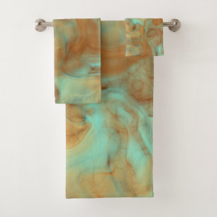 Rust and turquoise Marble abstract Bath Towel Set