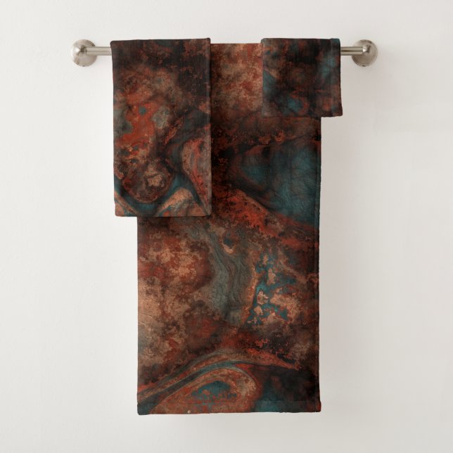 Rust and Turquoise Stone Abstract Bath Towel Set (Insitu)