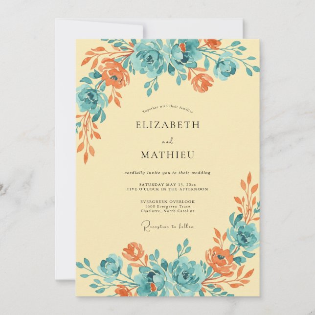 Rust Aqua Blossom Wedding Invitation (Front)