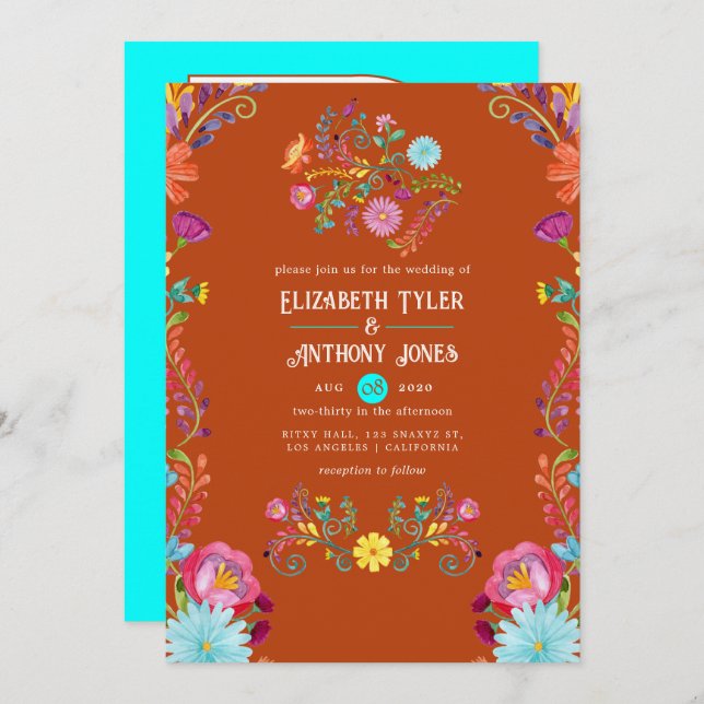 Rust & Aqua Floral Mexican Fiesta Wedding Invitation (Front/Back)