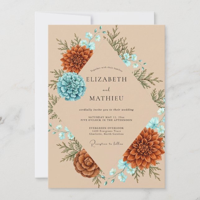 Rust Aqua Protea Eucalyptus Wedding Invitation (Front)