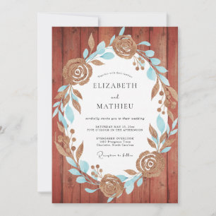 Rust Aqua Wreath Wedding Invitation