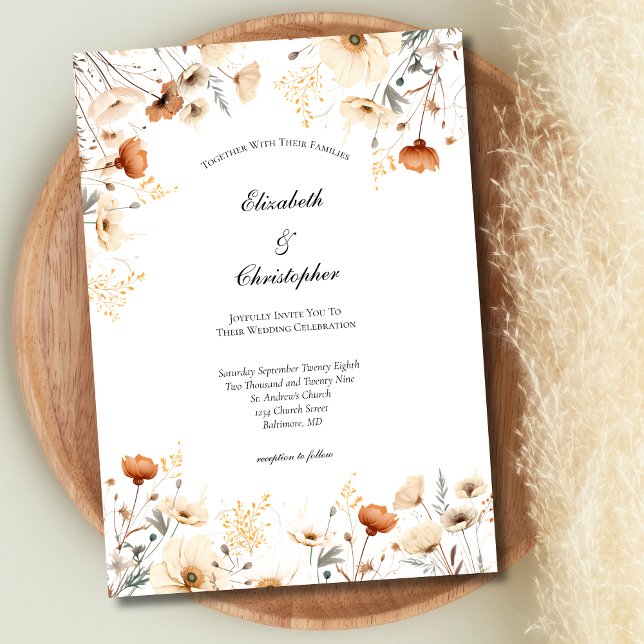 Rust Beige Boho Wildflowers Botanical Wedding Invitation (Boho Neutral Beige Rust Terracotta Wildflowers Wedding Invitation)