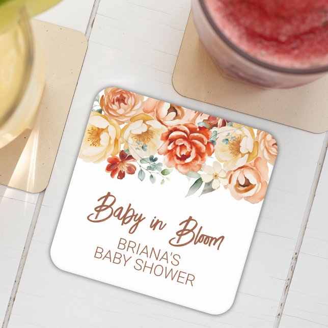 Rust Beige Floral Gender Neutral Baby Shower Square Paper Coaster (Creator Uploaded)