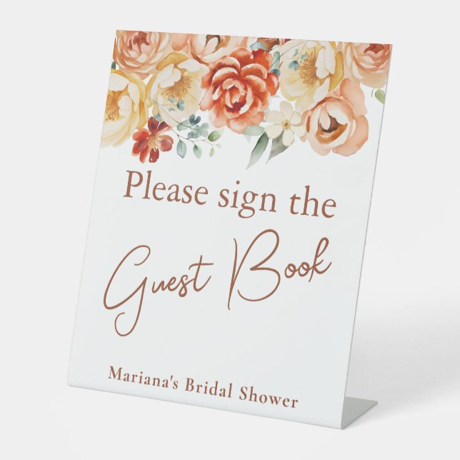 Rust Beige Peach Floral Bridal Shower Guest Book Pedestal Sign (Front)