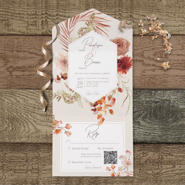 Rust Blush Fall Boho Floral Frame Cream QR Code All In One Invitation (Creator Uploaded)