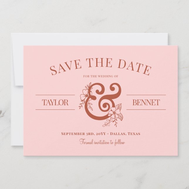 Rust & Blush Floral Ampersand No Photo Save The Date (Front)