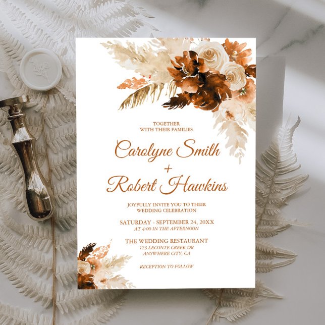 Rust Bohemian And Pampas Grass All In One Wedding Invitation (Creator Uploaded)