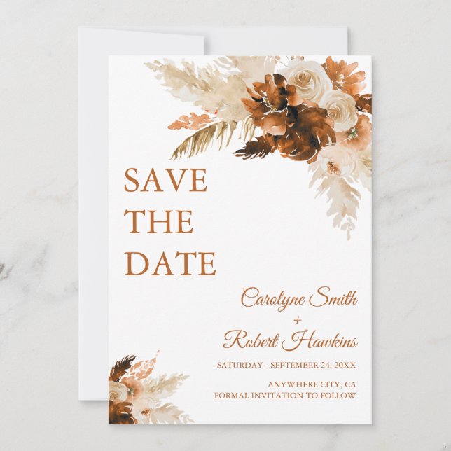 Rust Bohemian And Pampas Grass Stylish Save The Date (Front)