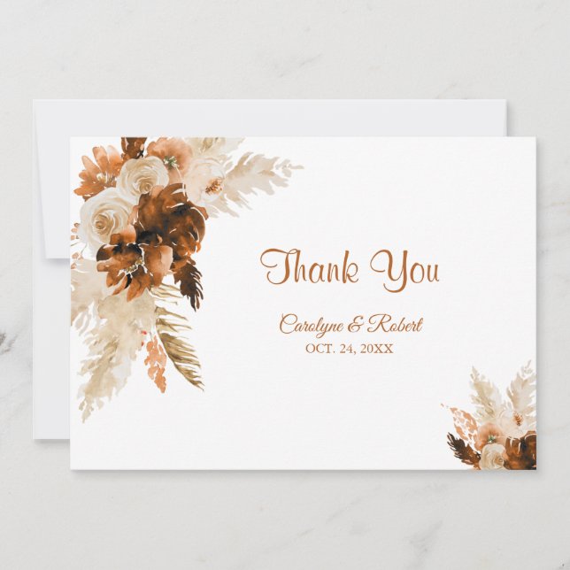 Rust Bohemian And Pampas Grass Wedding Thank You Card (Front)