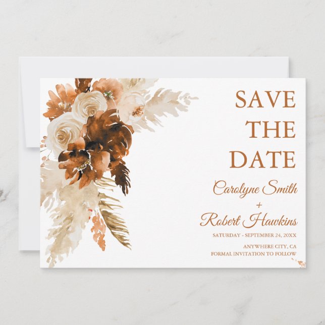 Rust Boho And Pampas Grass Stylish Save The Date (Front)