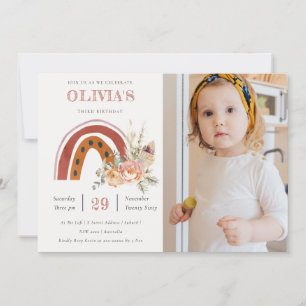Rust Boho Floral Rainbow Photo Birthday Invite
