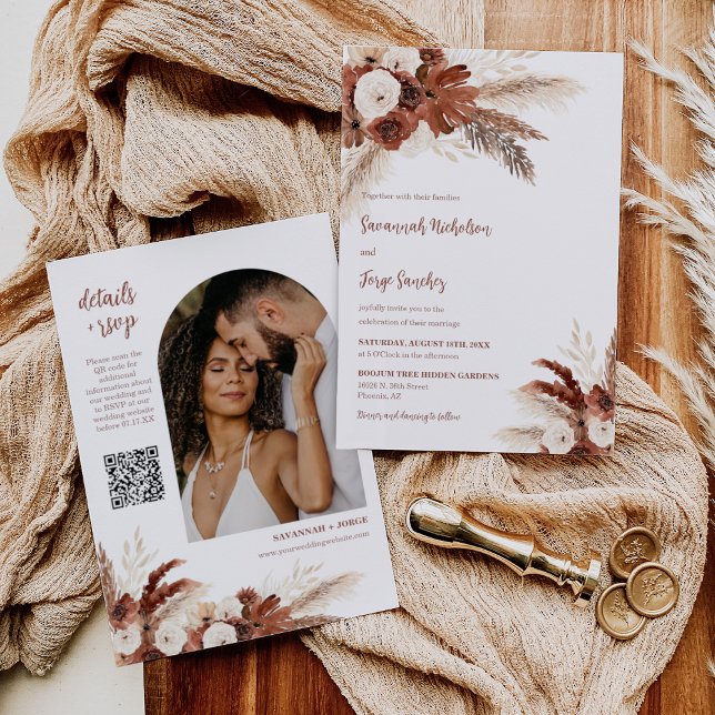 Rust Boho Pampas Grass Arch Photo QR Code Wedding Invitation (Creator Uploaded)