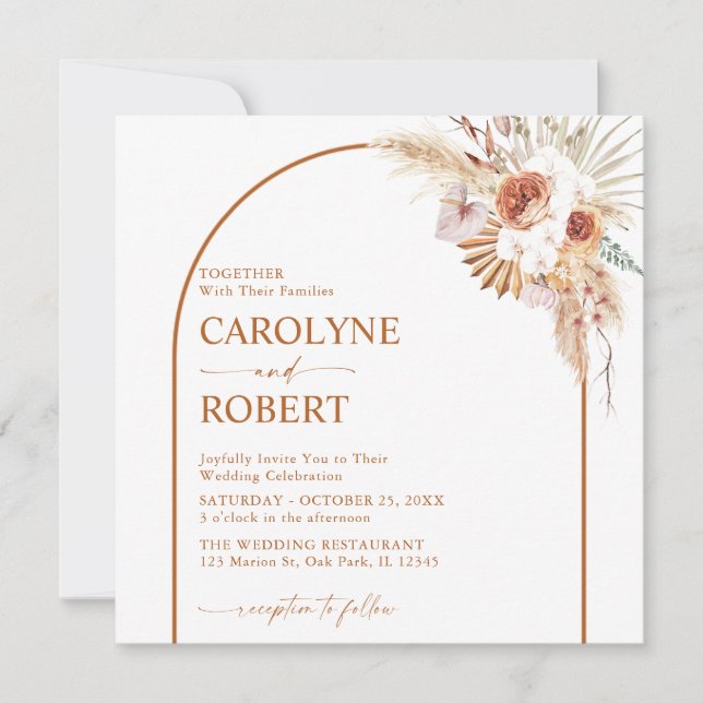 Rust Boho & Pampas Grass Terracotta Square Wedding Invitation (Front)