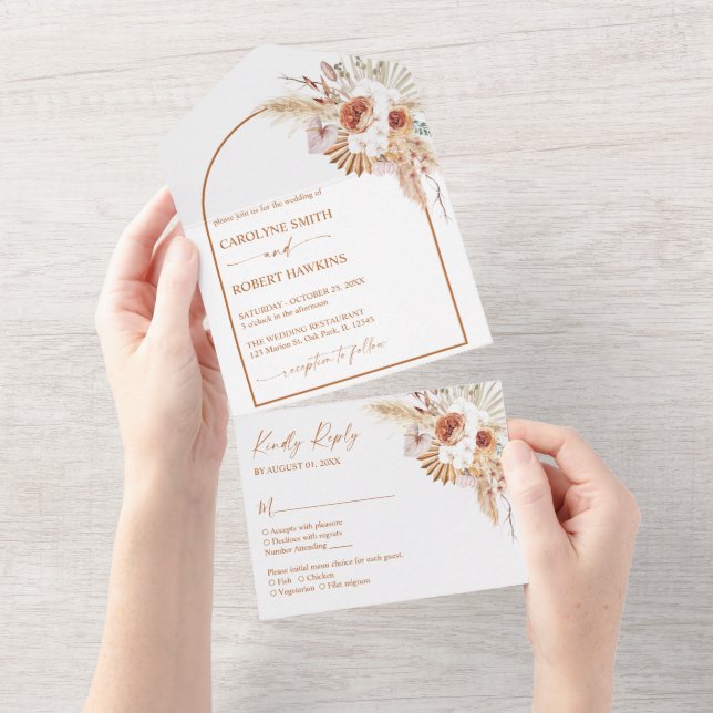 Rust Boho & Pampas Grass Wedding All In One Invitation (Tearaway)