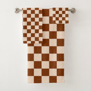 Rust brown and beige chequerboard pattern bath towel set