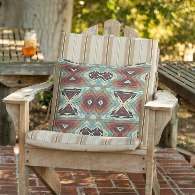 Rust Brown Aqua Blue Terracotta Red Tribal Art Cushion (Chair)