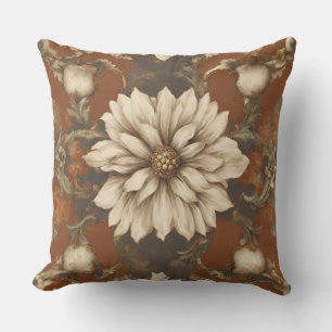 Rust Brown Cream Baroque Floral Cushion